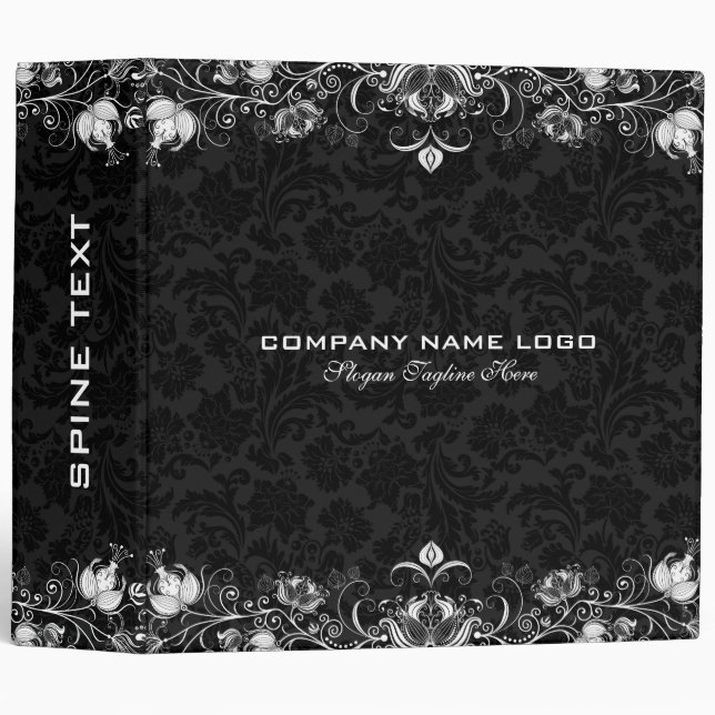 Black Damasks & White Lace Border 3 Ring Binder (Front/Spine)