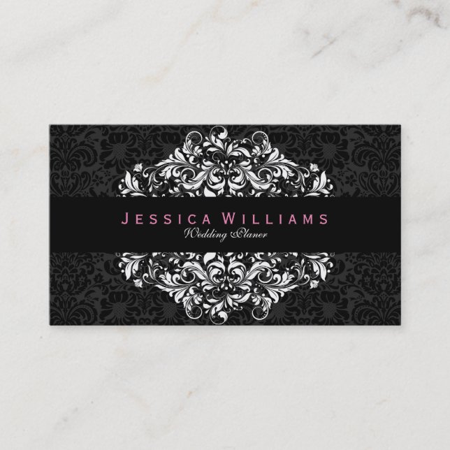 Black Damasks & White Lace Reversible Business Card (Front)
