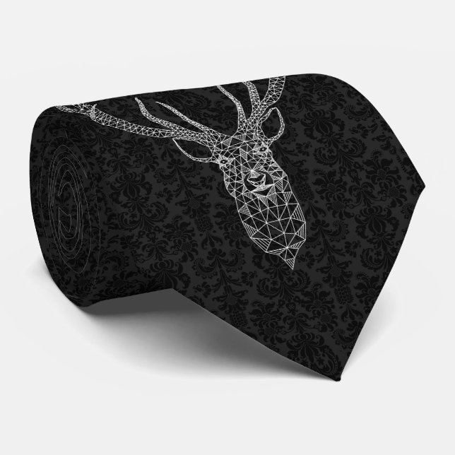 Black Damasks White Modern Christmas Deer Tie (Rolled)
