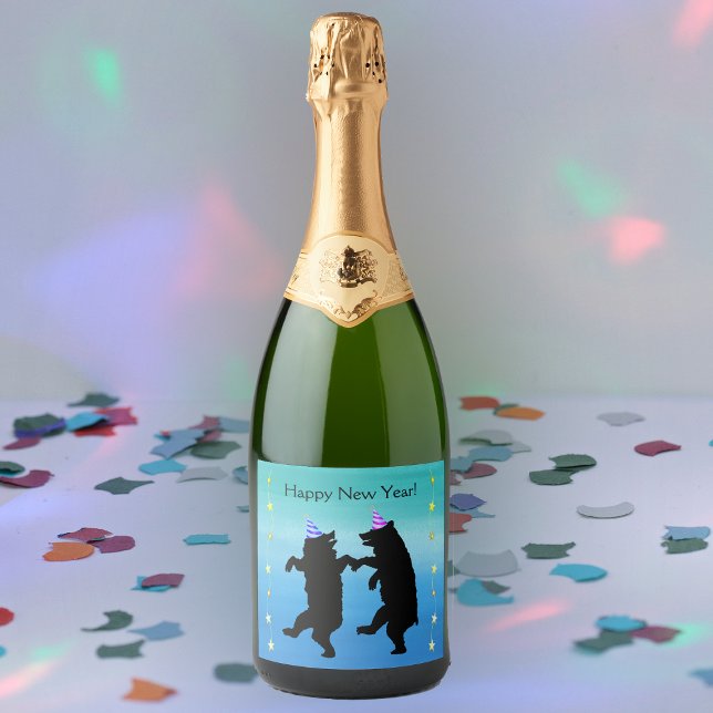 Black Dancing Party Bears Hats Bright Stars Blues Sparkling Wine Label (Dancing black bears party hats bright yellow stars shades of blue Happy New Year wine bottle label.)