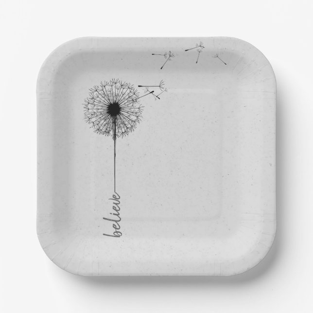 Black Dandelion Believe Inspiration Paper Plates (Front)