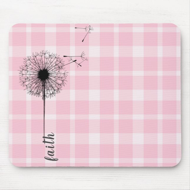 black dandelion on pink plaid mouse pad (Front)