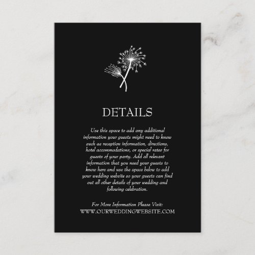 Black Dandelion Romantic Wedding Wish Details Enclosure Card