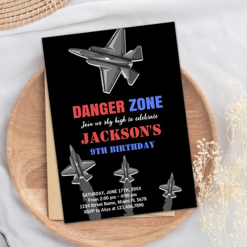 Black Danger Zone Fighter Jet Birthday Invitations