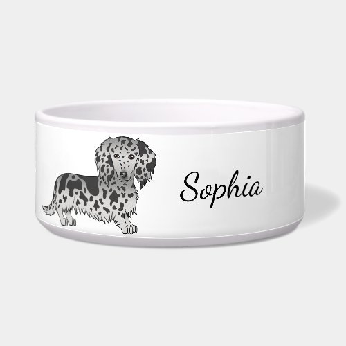 Black Dapple Long Hair Dachshund And Custom Name Bowl
