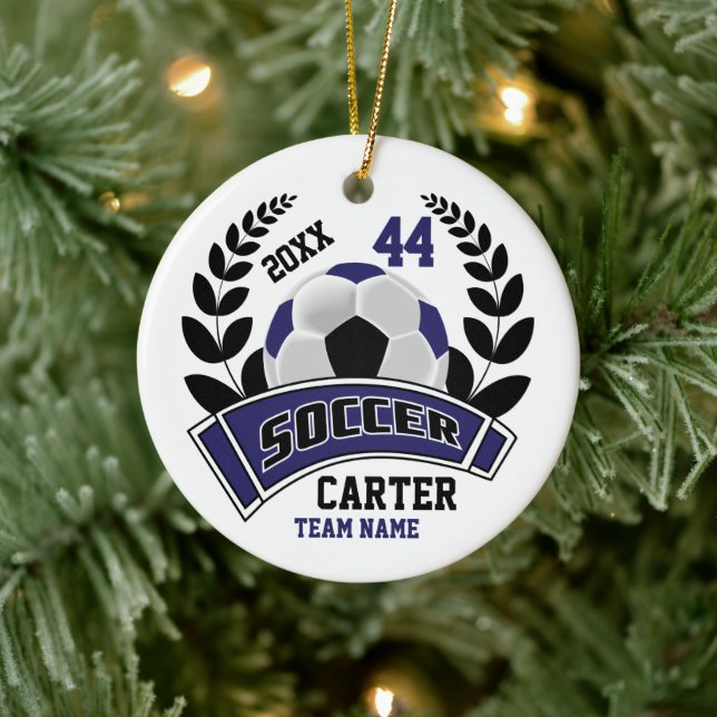 Black, Dark Blue and White Personalize Soccer  ⚽ Ceramic Ornament (Tree)