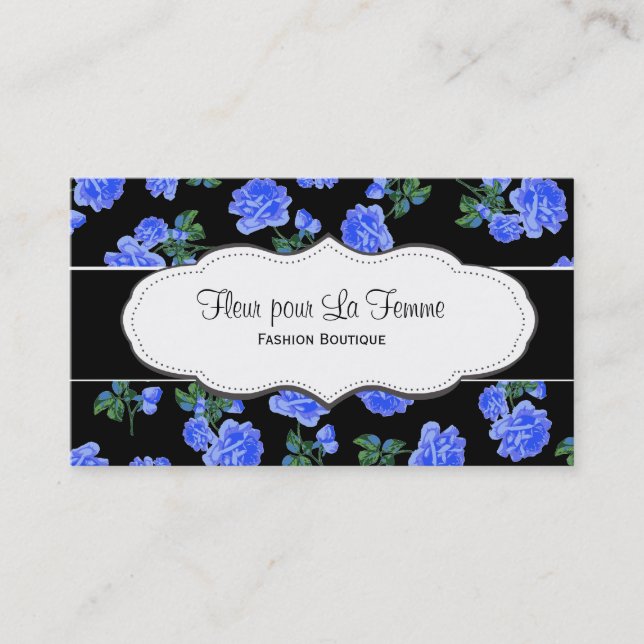 Black & Dark Blue Flower Pattern Business Cards (Front)