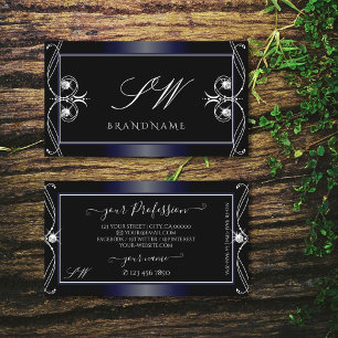 Black Dark Blue Ornate Sparkling Diamonds Initials Business Card