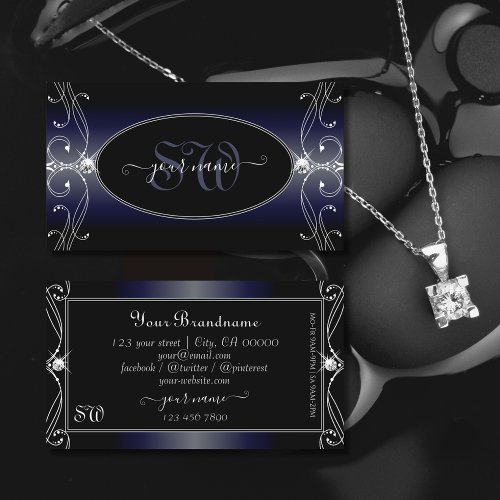 Black Dark Blue Ornate Sparkling Diamonds Monogram Business Card