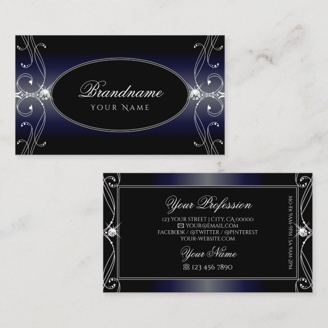 Black Dark Blue Ornate Sparkling Diamonds Ornament Business Card (Front/Back)