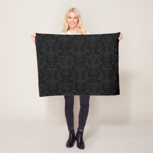 Black Dark Fanchy Chic Damask Pattern Fleece Blanket
