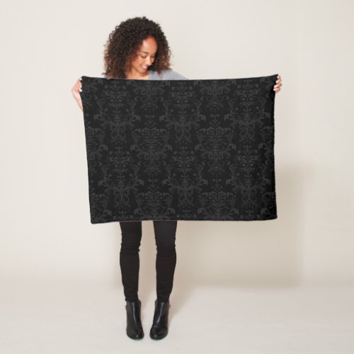 Black Dark Fanchy Chic Damask Pattern Fleece Blanket