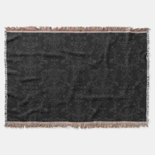 Black Dark Fanchy Chic Damask Pattern Throw Blanket