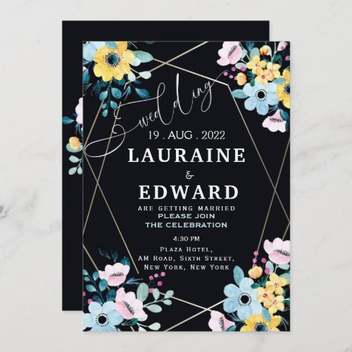 Black dark floral Wedding invitation card simple