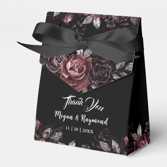 Black Dark Florals Elegant Gothic Wedding Favor Boxes (Front Side)