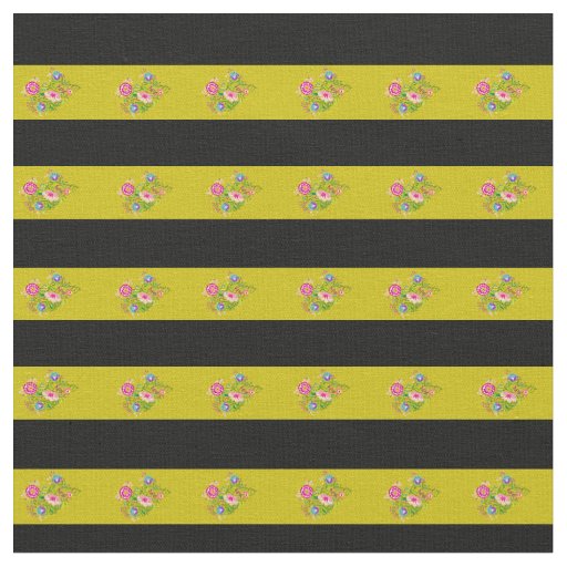 Black, dark gold folk flower stripe fabric