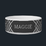Black Dark Gray Glitter Art Deco Custom Pet Bowl<br><div class="desc">Dark charcoal gray and black printed faux glitter pattern with an art deco boho mashup design featuring a modern geometric overlapping abstract chevron pattern with your cat or dog name printed directly on the ceramic bowl.</div>