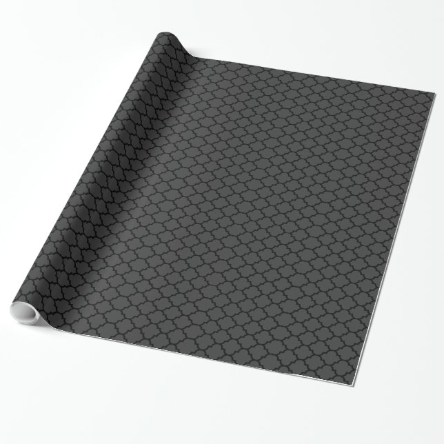 Black & Dark Gray Monotones Quatrefoil Pattern Wrapping Paper (Unrolled)