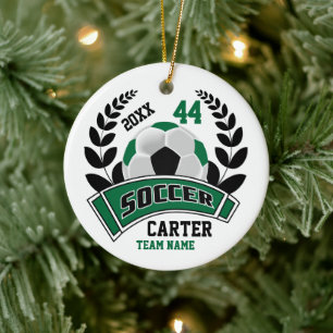 Black, Dark Green and White Personalize Soccer ⚽ Ceramic Ornament