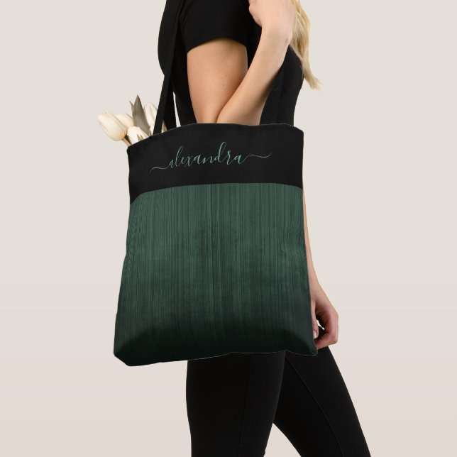 Black Dark Green striped ombre elegant personalize Tote Bag (Close Up)