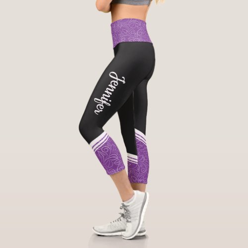 Black  dark lavender floral white stripe and name capri leggings