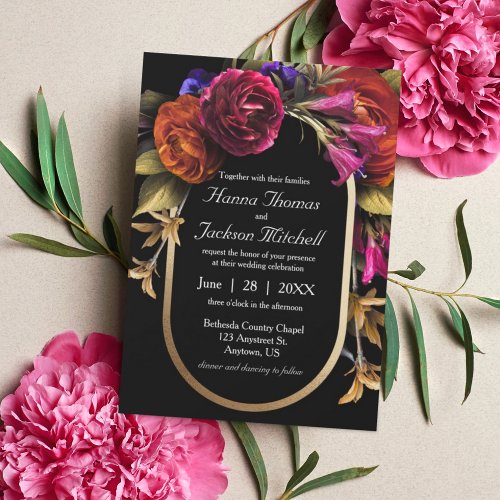 Black Dark Moody Elegant Floral Autumn Wedding Postcard