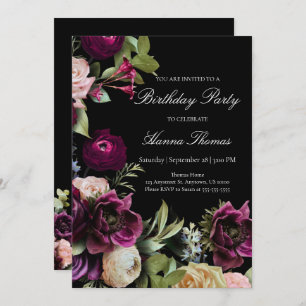 Black Dark Moody Elegant Floral Birthday Party Invitation