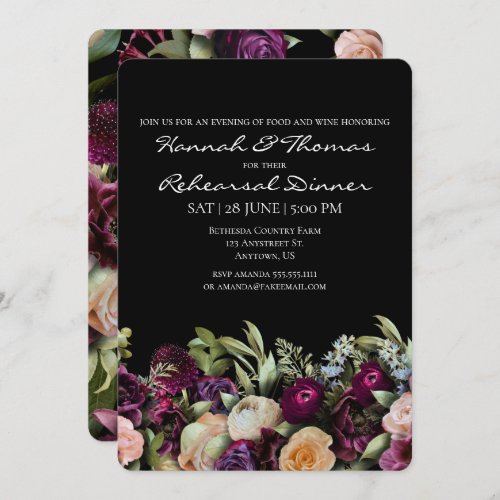 Black Dark Moody Elegant Floral Rehearsal Dinner Invitation