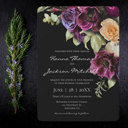 Black Dark Moody Elegant Floral Wedding Invitation