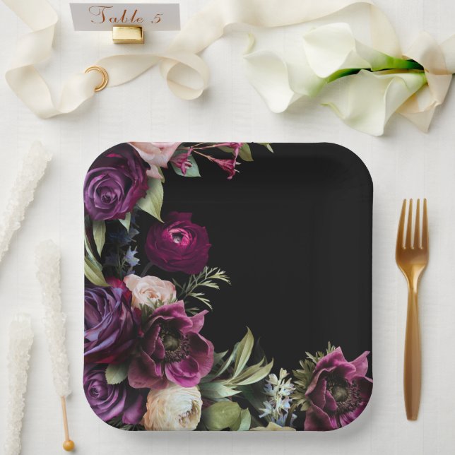 Black Dark Moody Elegant Wedding  Paper Plates (Wedding)