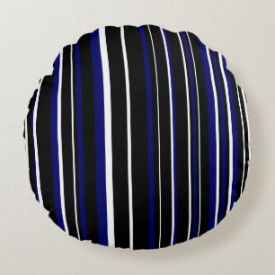 Black, Dark Navy Blue, and White Barcode Stripe Round Pillow