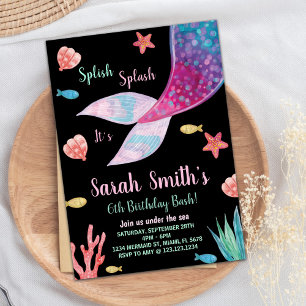 Black Dark Purple Mermaid Tail Birthday Invitation