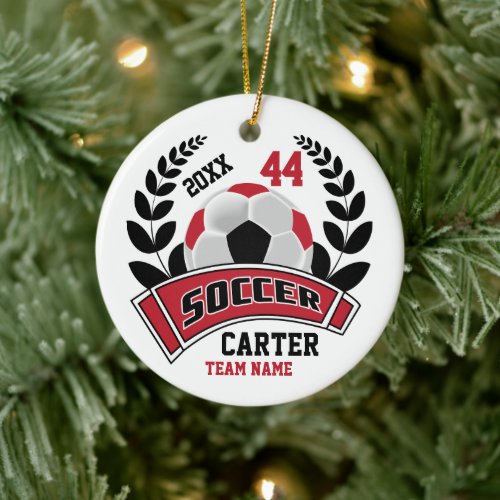 Black, Dark Red and White Personalize Soccer  ⚽ Ceramic Ornament