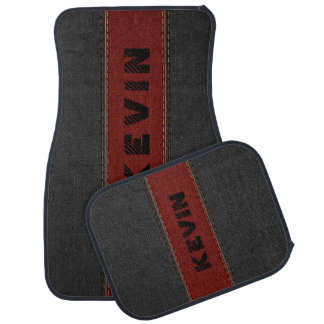Black & Dark Red Stitched Leather Monogram Car Floor Mat
