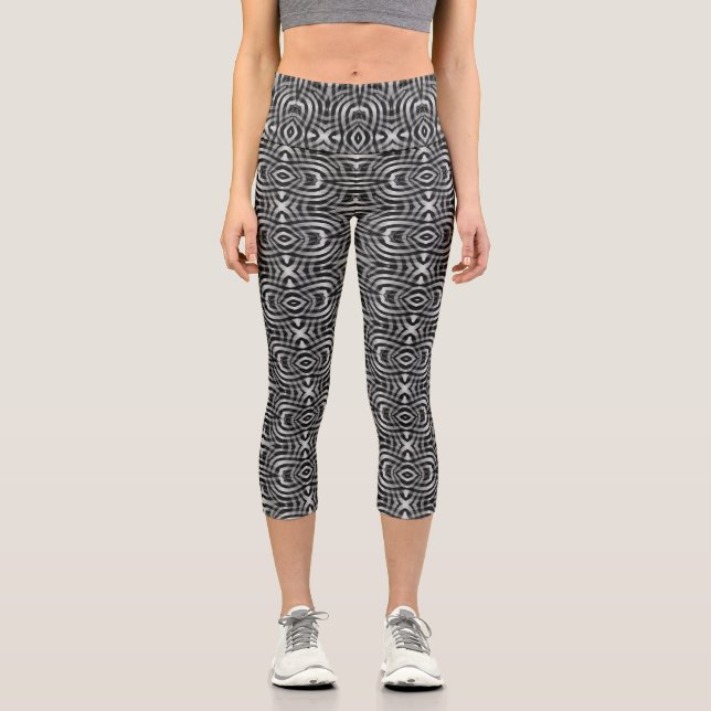 Black + Dark Silver Tribal Pattern Capri Leggings (Front)