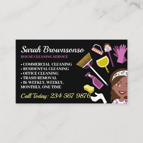 Black Dark Skin Janitorial Lady House Cleaning Business Card
