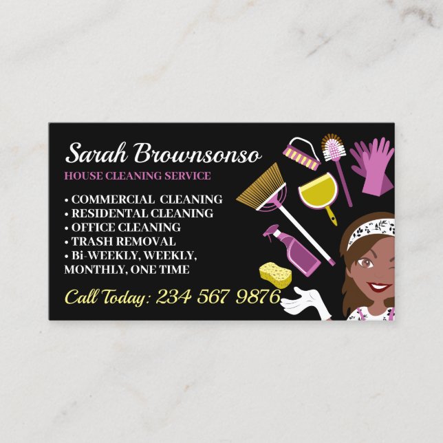 Black Dark Skin Janitorial Lady House Cleaning Business Card (Front)