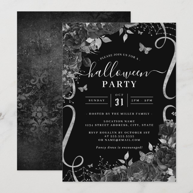 Black Dark Spooky Floral Scroll Halloween Party  Invitation (Front/Back)