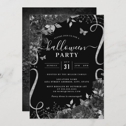 Black Dark Spooky Floral Scroll Halloween Party  Invitation