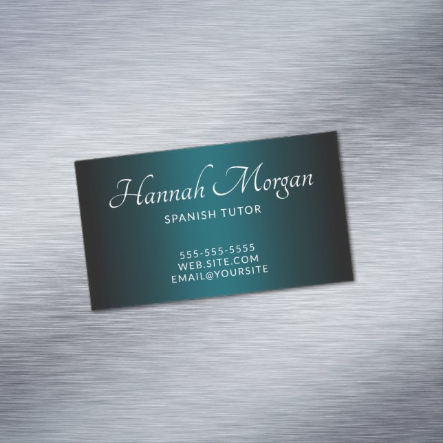 Black Dark Teal Ombre Elegant Script Business Card Magnet (In Situ)