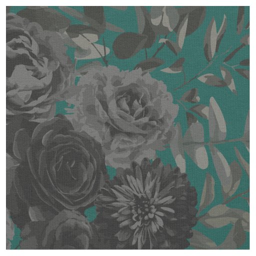 Black Dark Turquoise Gothic Rose Floral Fabric