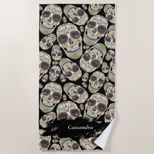 Black Day of the Dead Skulls Pattern Beach Towel