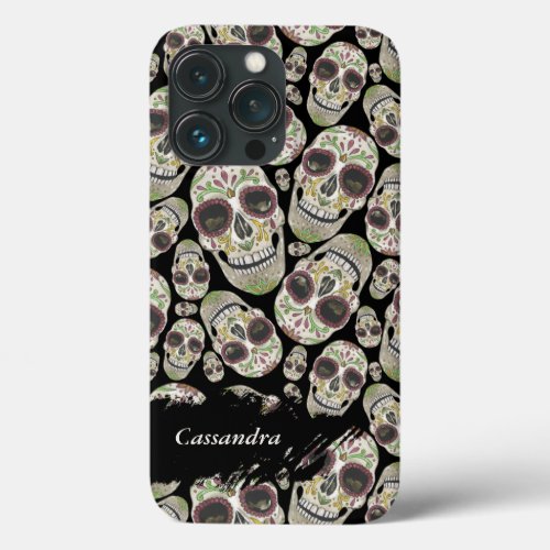 Black Day of the Dead Skulls Pattern iPhone 13 Pro Case