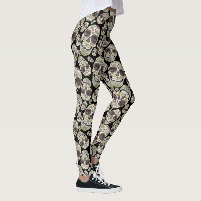 Black Day of the Dead Skulls Pattern Leggings (Right)