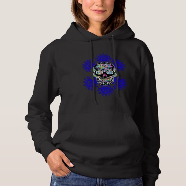 Black Day Of The Dead Sugar Skull Blue Abstract Fl Hoodie (Front)