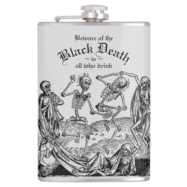 Black Death Dancing Skeletons Gothic Macabre Flask (Front)