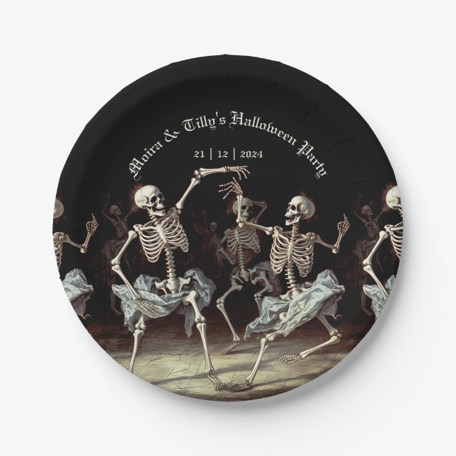 Black Death Dancing Skeletons Halloween Paper Plates (Front)