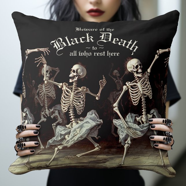 Black Death Dancing Skeletons Halloween Throw Pillow (The Dancing Skeletons Throw Pillow. A piece of alternative gothic decor.)