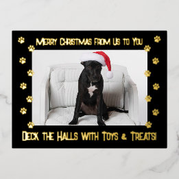 Black Deck the Halls With Toys & Treats 2 Photo Foil Holiday Postcard