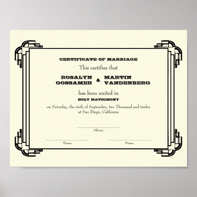 Black Deco frame keepsake wedding certificate ecru Poster (Front)